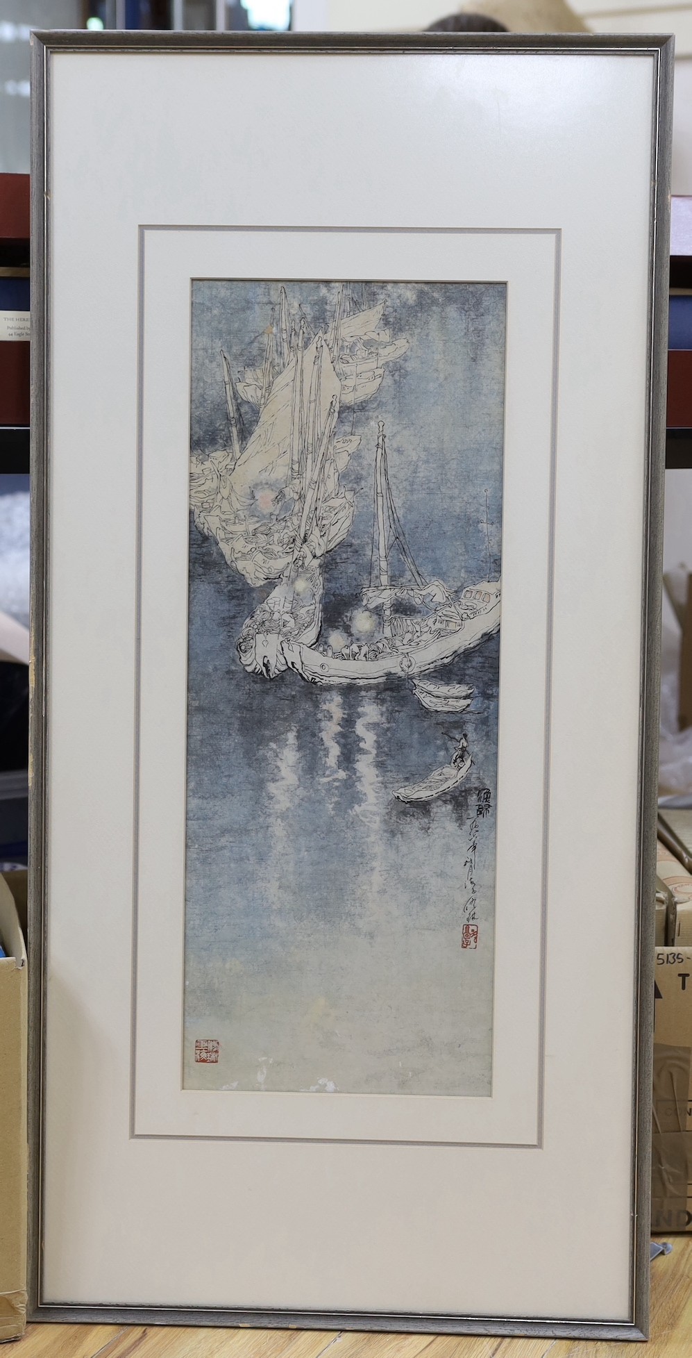 Asian School, colour print, Fishing boats on the water, signed, 66 x 25cm